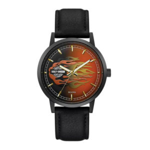 Mens Metallic Flames Black Leather Strap Watch - Image 1