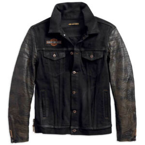 Men's Leather Sleeve Denim Slim Fit Jacket - Image 1