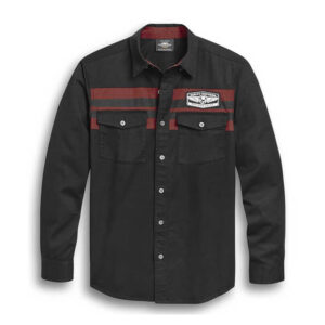 Men's Chest Stripe Long Sleeve Woven Shirt, Black - Image 1