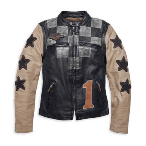 Women's Vintage Race-Inspired Leather Jacket - Image 1