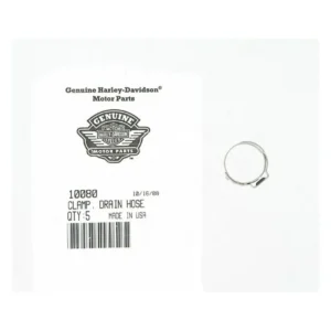 Harley-Davidson Genuine Motor Parts label with logo and part info: Clamp, Drain Hose, Qty 5, Made in USA; barcode nearby.