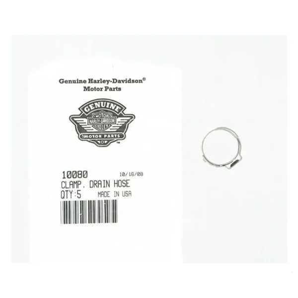 Harley-Davidson Genuine Motor Parts label with logo and part info: Clamp, Drain Hose, Qty 5, Made in USA; barcode nearby.