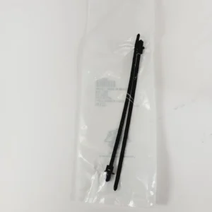 Two black zip ties inside a transparent plastic bag on a white surface.