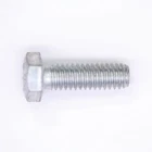 Metal hex bolt with matching nut lying on a white background, showing its threaded shaft and hex head side-by-side with the nut