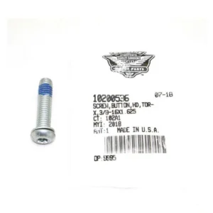 Bolt with button head and Torx drive beside a Harley-Davidson Genuine Parts label; size 3/8-16x1.625 inch, Made in USA (informative product image).