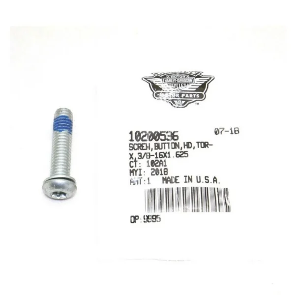 Bolt with button head and Torx drive beside a Harley-Davidson Genuine Parts label; size 3/8-16x1.625 inch, Made in USA (informative product image).