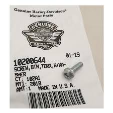 Genuine Harley-Davidson motor parts label with barcode and a small silver screw resting on it.