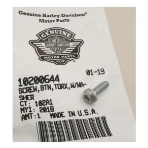 Harley-Davidson Genuine Motor Parts label with a small silver Torx screw placed on top of the printed part information and barcode.