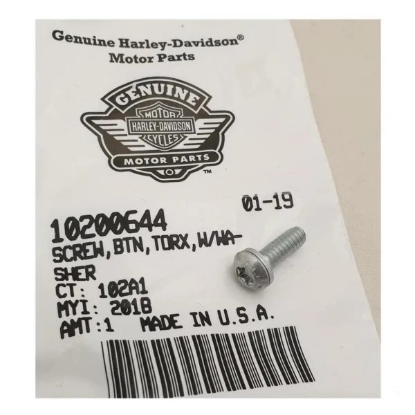 10200844 | Harley-davidson® Online Harley-Davidson Genuine Motor Parts label with a small silver Torx screw placed on top of the printed part information and barcode.