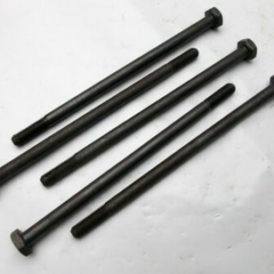 Five black hex-headed bolts of varying lengths arranged diagonally on a light surface, with threaded sections visible.