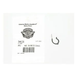 Harley-Davidson Genuine Motor Parts label with barcode and the word 'CLAMP' beside a small curved metal clamp.