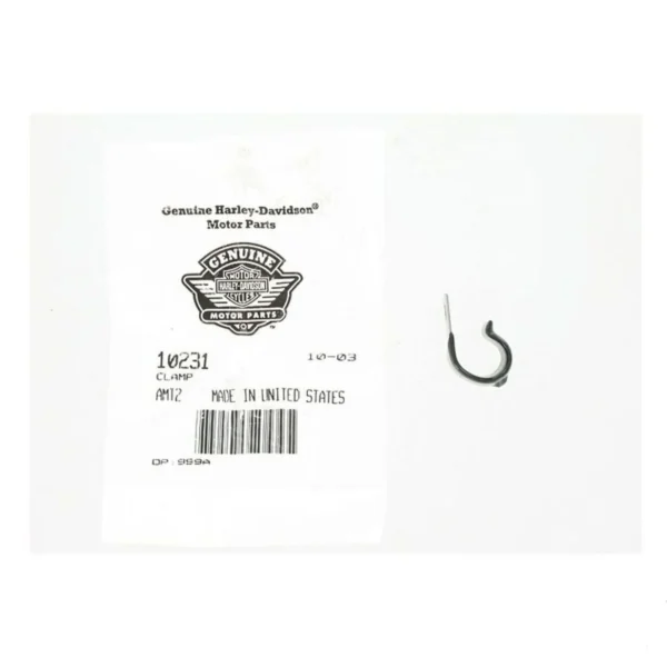 Harley-Davidson Genuine Motor Parts label with barcode and the word 'CLAMP' beside a small curved metal clamp.