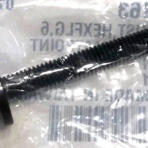 Black hex washer bolt inside a clear plastic bag, showing the threaded shaft and flange near the head.