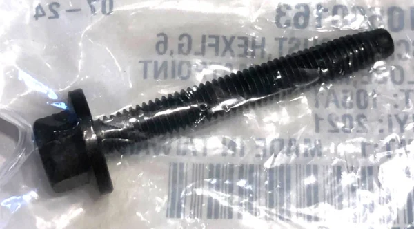 10500163 | Harley-davidson® Online Black hex washer bolt inside a clear plastic bag, showing the threaded shaft and flange near the head.