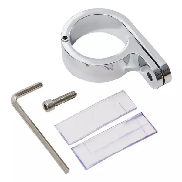 Chrome circular clamp with mounting screw, L‑shaped Allen wrench, a small hex bolt, and two clear plastic spacers.