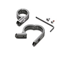 Two gray U-shaped bicycle locks with a mounting bracket, plus a hex key and two small fasteners.