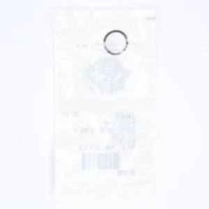 Translucent plastic bag with a small circular metal ring attached at the top, a faded emblem and barcode visible through the bag.
