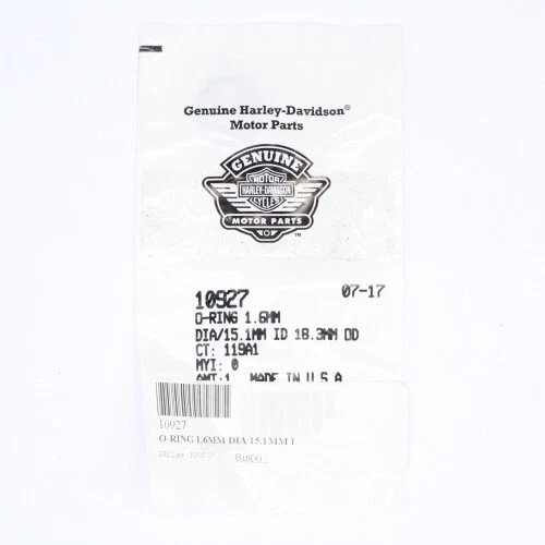 10927 B | Harley-davidson® Online Harley-Davidson Genuine Motor Parts label showing part number 10927, date 07-17, and a barcode.