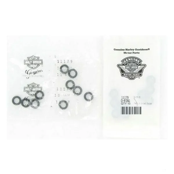 Harley‑Davidson genuine motor parts package with several O‑rings laid out and a barcode label on the right side (O‑rings image).