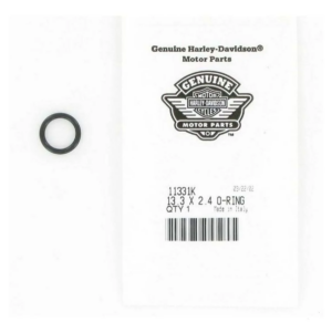 Black rubber O-ring beside a Genuine Harley‑Davidson Motor Parts label, part no. 11331K, size 13.3 x 2.4 inches (Made in Italy).