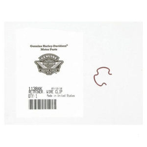 Genuine Harley-Davidson Motor Parts label for part 11384K Retainer Wire Clip with barcode and a brown wire clip beside it.