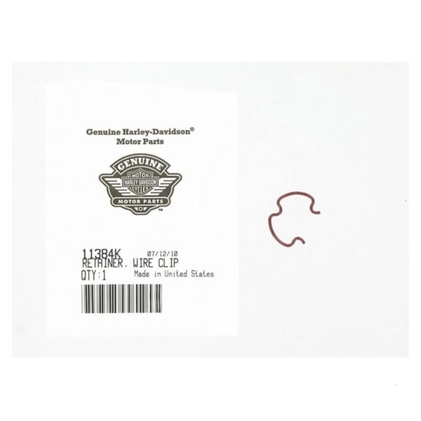 Genuine Harley-Davidson Motor Parts label for part 11384K Retainer Wire Clip with barcode and a brown wire clip beside it.