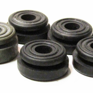Five black rubber bushings with central holes, arranged in a cluster on a white background.