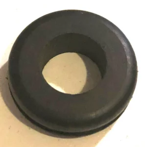 Circular black rubber grommet with a central hollow hole, viewed from above.