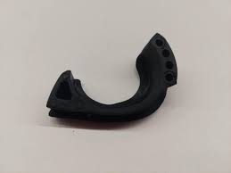 Black curved plastic clip with three holes at the end for mounting.