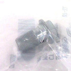 Metal bolt with a washer inside a clear plastic bag.
