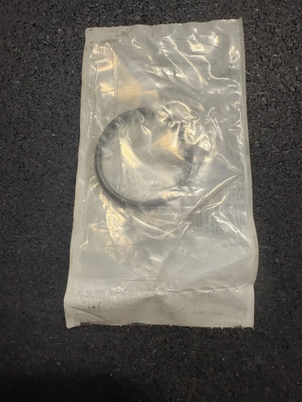 Sealed clear plastic bag containing a single black circular rubber O-ring on a dark textured surface