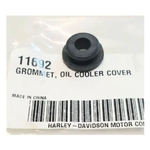 Black rubber grommet for oil cooler cover, in packaging label showing Harley-Davidson part number 11692 and barcode.