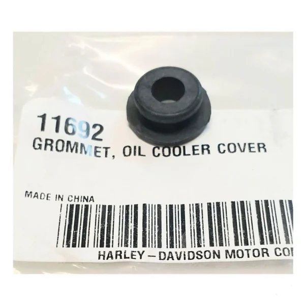 Black rubber grommet for oil cooler cover, in packaging label showing Harley-Davidson part number 11692 and barcode.