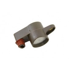 Gray L-shaped metal elbow fitting with a threaded orange port and a round hollow end, used for hose connections.
