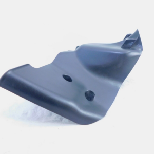 Dark gray plastic automotive mounting bracket with two circular holes and a curved, contoured surface against a white background.