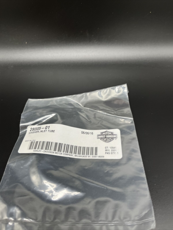 Clear plastic bag labeled Harley-Davidson washer inlet tube, part number 28005-01, dated 06/06/16.