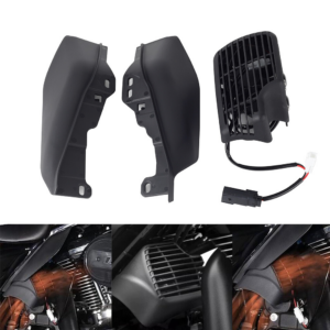 Black plastic motorcycle fairing side panels with a vented air intake and wiring harness, shown as a separate kit and installed on a dark bike