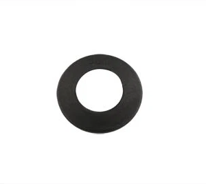 Black flat washer (metal ring) viewed from above, used as a spacer or bearing surface.