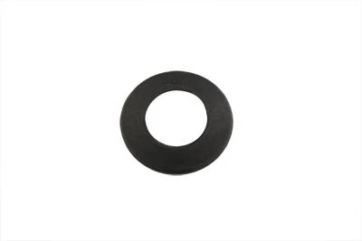 Black flat washer (metal ring) viewed from above, used as a spacer or bearing surface.