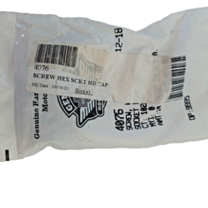 Plastic bag packaging for a hex socket head cap screw, with a barcode label and printed product text visible (e.g., 'SCREW HEX SCKT HD CAP'), orientation rotated.