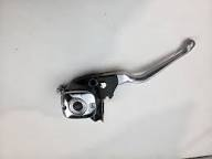 Close-up of a metallic lever (likely a bicycle brake lever) with a small square action camera mounted at its base on a white background.