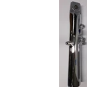 Vertical chrome metal tool mounted on a wall with knobs and clamps.
