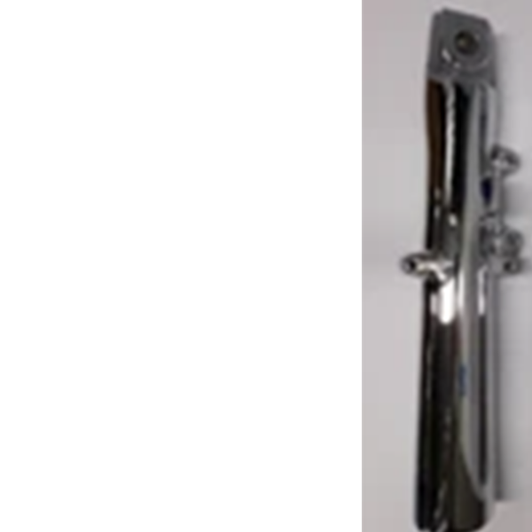 Vertical chrome metal tool mounted on a wall with knobs and clamps.