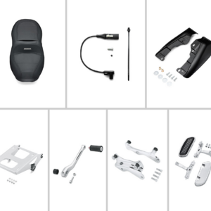 Collage of motorcycle parts and accessories: seat, various levers and mounts, foot pegs, and mounting hardware.