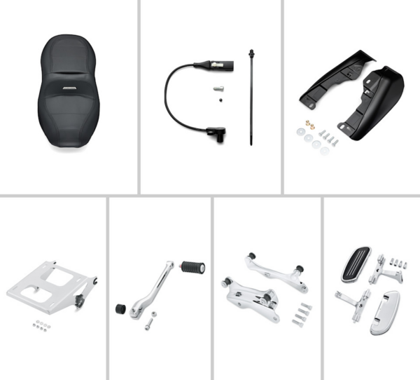 50700116 | Harley-davidson® Online Collage of motorcycle parts and accessories: seat, various levers and mounts, foot pegs, and mounting hardware.