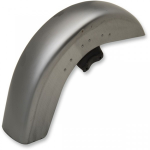 Silver curved motorcycle fender with mounting bracket and edge holes for attachment.