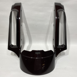 Glossy black automotive front bumper piece with two vertical side panels and a curved central lower section, photographed against a white backdrop.