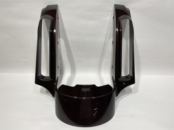 Glossy black automotive front bumper piece with two vertical side panels and a curved central lower section, photographed against a white backdrop.