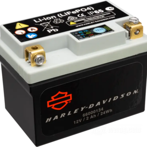 Harley-Davidson 12V motorcycle battery (LifePO4 Li‑ion), 2 Ah, 24 Wh, black with red logo on top label.
