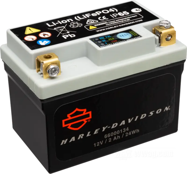 66000236 | Harley-davidson® Online Harley-Davidson 12V motorcycle battery (LifePO4 Li‑ion), 2 Ah, 24 Wh, black with red logo on top label.